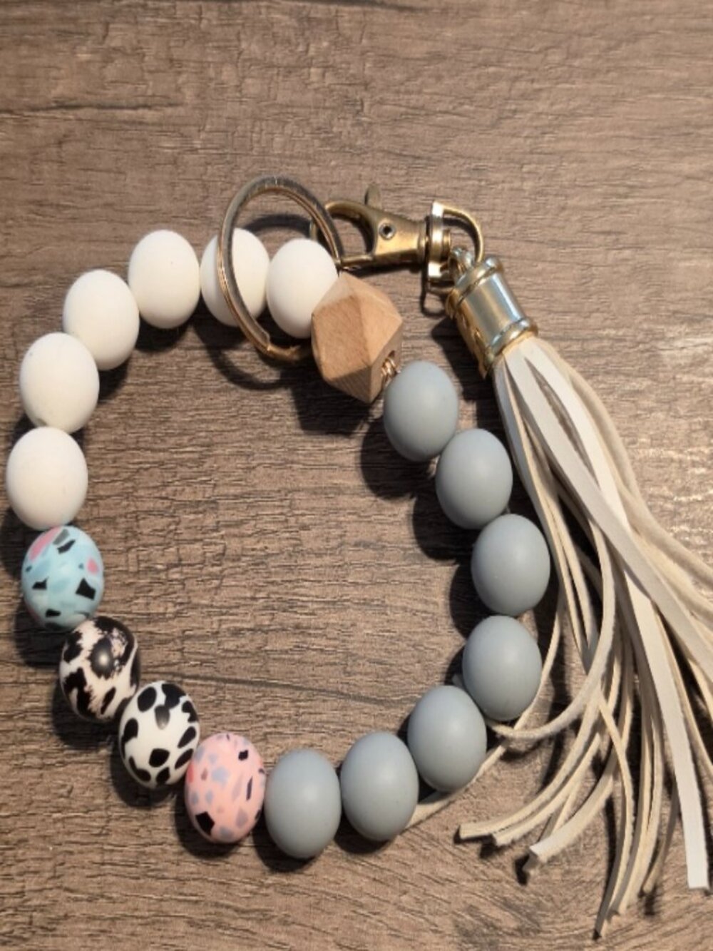 Boho Beaded Wristlet Keychain Gray White Tassel